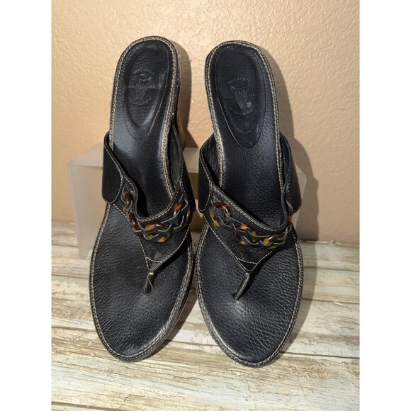 Frye Black Leather Thong Sandals Tortoise Chain Detail Women’s Sz 9 Pre-owned - Picture 3 of 14